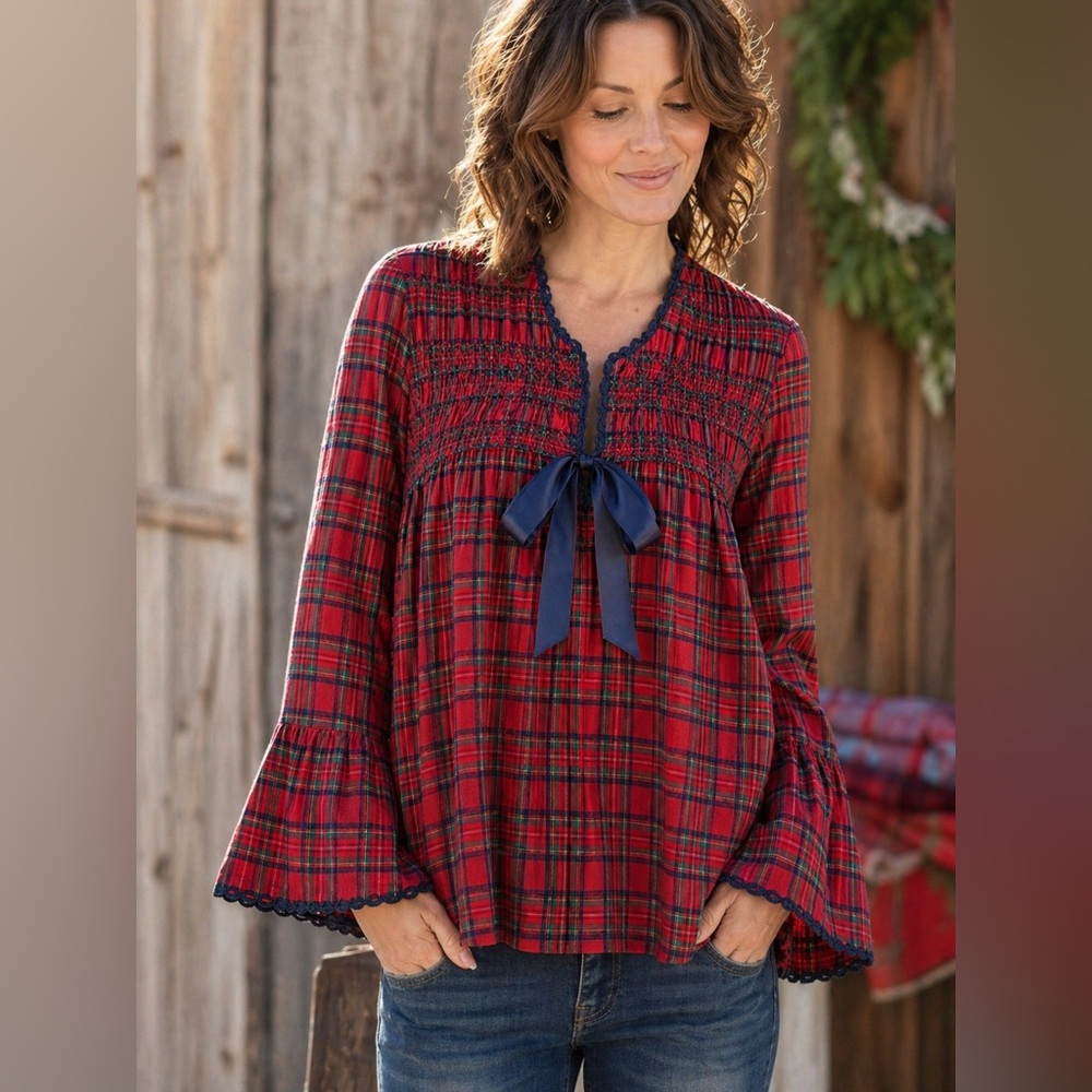 Sundance Viola Tartan Plaid Flannel Sequins Bow Bell Sleeve Blouse Sz S